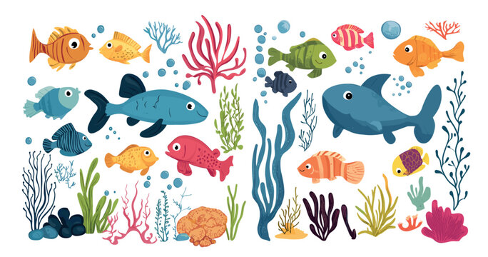 Cartoon underwater animals. Algae corals fish ocean sea world reef tropical aquatic species marine faun, isolated vector illustrations