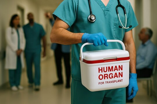 Doctor carrying a cooler box for organ transport doctor ensures swift and safe organ transport using specialized cooler box, optimizing life-saving medical procedures - Powered by Adobe