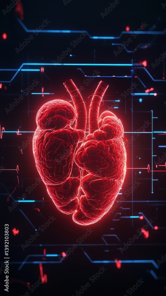 Poster digital heart visualization futuristic laboratory 3d graphics sci-fi environment close-up view medic