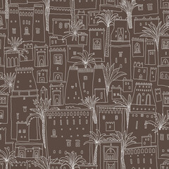 Seamless pattern of urban landscape, palm trees, fairy tale oriental castles and houses. White doodle contour on a brown background