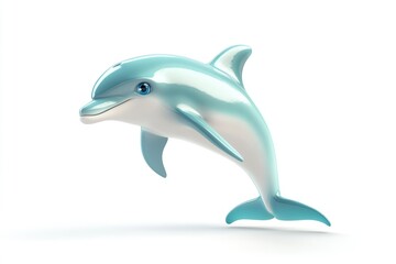 Obraz premium A cute, cartoonish dolphin leaps playfully, its teal body gleaming against a white background.