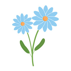 Beautiful Two Blue Daisies Simple Floral Design Green Stem White Minimalist Botanical Flat Design Vector Illustration