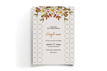 WEDDING INVITATION FRAME WITH FLOWER DECORATIONS AND FRESH LEAVES