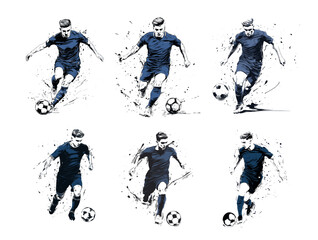 Obraz premium Color ink sketch soccer player. Sport football man team member midfielder dribbling ball running active pose dynamic striker defender character, isolated vector illustrations on white