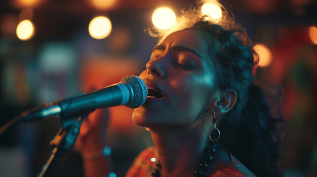 Woman passionately singing into microphone on stage with colorful lights.