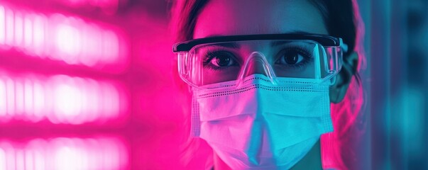 Healthcare worker in protective gear laboratory setting portrait neon environment close-up safety concept