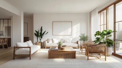 A bright and airy modern living room with natural elements