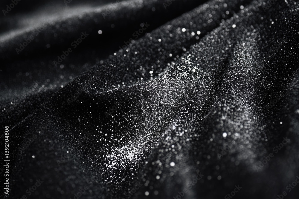 Poster close-up of black fabric with sparkling glitter, creating a luxurious and textured appearance.