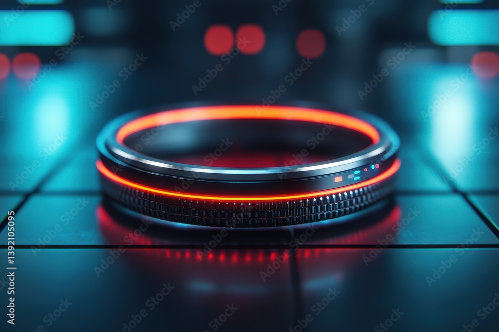 Poster futuristic neon ring display high-tech studio 3d render dark environment close-up view digital conce