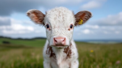 Obraz premium Adorable calf in a grassy field