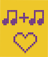 Vector set of pixel art music icons with notes, instruments and audio symbols. 8-bit retro pixel vector art