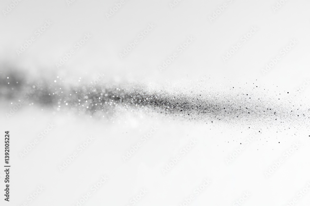 Poster abstract grayscale image of glittering particles dispersed in a wave-like motion across a white back