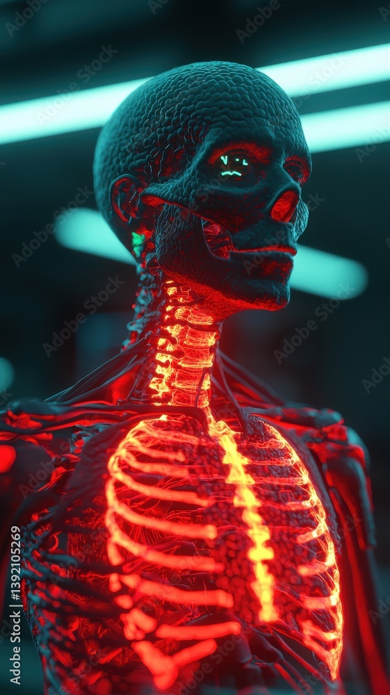 Poster illuminated human skeleton model laboratory 3d visualization science close-up anatomy exploration