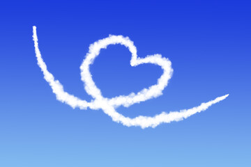 Naklejka premium heart shaped cloud on clear blue background. airplane trail in the form of white heart outline