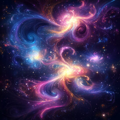 Fototapeta premium The universe, where swirling galaxies and stars appear in vibrant purple, blue, pink, and yellow.