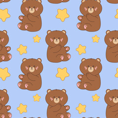 Cute brown teddy bear with blush cheeks and yellow stars on seamless blue background. Playful kawaii animal design for kids textile, wrapping, nursery goods. Vector illustration.