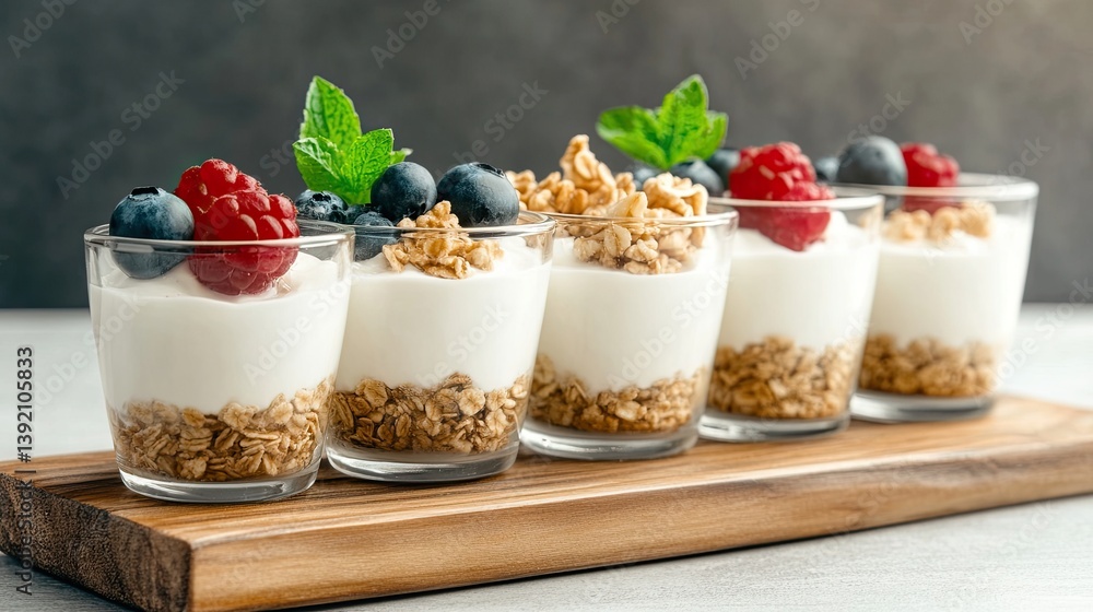 Poster presentation of yogurts with toppings on a natural board