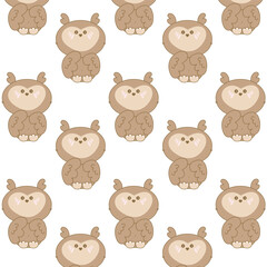 Seamless pattern with round cute owl with blush cheeks. Kawaii pattern for kids, toddler textile, gift wrap, nursery products, baby stationery. Vector illustration in soft neutral tones