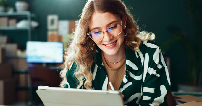 Business, logistics and woman in office, tablet and internet with online schedule for delivery. Person, supply chain and entrepreneur with tech, distribution or website info with storage or inventory
