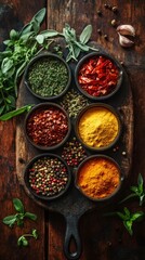 Spices and herbs in wooden bowls on a background of fresh spicy plants, creating an atmosphere of culinary art, suitable for cooking blogs, recipes, restaurant menus.