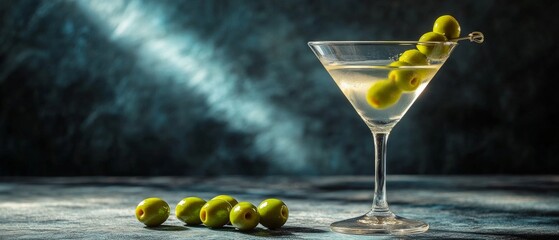 Martini with olives on dark background illuminated by soft light. Suitable for bar advertising, articles about cocktails.