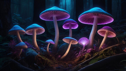 Fantasy glowing mushrooms on forest floor, bioluminescent fungi with cyan, magenta, and violet tones, ethereal lighting, night scene, detailed, surreal, hyperreal