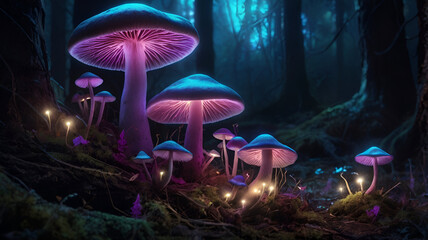 Fantasy glowing mushrooms on forest floor, bioluminescent fungi with cyan, magenta, and violet tones, ethereal lighting, night scene, detailed, surreal, hyperreal