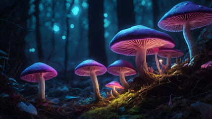Fantasy glowing mushrooms on forest floor, bioluminescent fungi with cyan, magenta, and violet tones, ethereal lighting, night scene, detailed, surreal, hyperreal