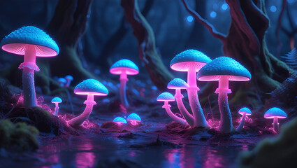 Fantasy glowing mushrooms on forest floor, bioluminescent fungi with cyan, magenta, and violet tones, ethereal lighting, night scene, detailed, surreal, hyperreal