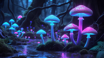 Fantasy glowing mushrooms on forest floor, bioluminescent fungi with cyan, magenta, and violet tones, ethereal lighting, night scene, detailed, surreal, hyperreal
