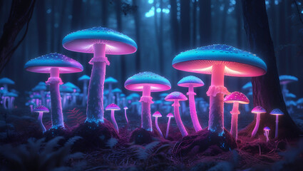 Fantasy glowing mushrooms on forest floor, bioluminescent fungi with cyan, magenta, and violet tones, ethereal lighting, night scene, detailed, surreal, hyperreal