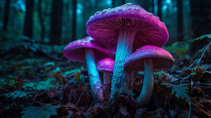 Fantasy glowing mushrooms on forest floor, bioluminescent fungi with cyan, magenta, and violet tones, ethereal lighting, night scene, detailed, surreal, hyperreal