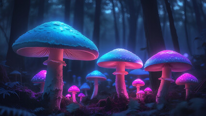 Fantasy glowing mushrooms on forest floor, bioluminescent fungi with cyan, magenta, and violet tones, ethereal lighting, night scene, detailed, surreal, hyperreal