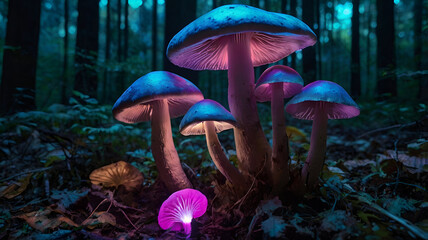 Fantasy glowing mushrooms on forest floor, bioluminescent fungi with cyan, magenta, and violet tones, ethereal lighting, night scene, detailed, surreal, hyperreal