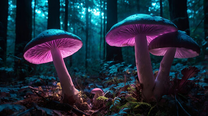 Fantasy glowing mushrooms on forest floor, bioluminescent fungi with cyan, magenta, and violet tones, ethereal lighting, night scene, detailed, surreal, hyperreal