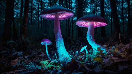 Fantasy glowing mushrooms on forest floor, bioluminescent fungi with cyan, magenta, and violet tones, ethereal lighting, night scene, detailed, surreal, hyperreal