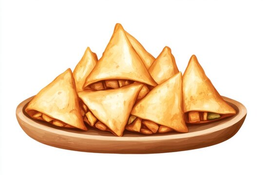 golden samosas on wooden plate, watercolor style clip art preview