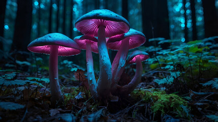 Fantasy glowing mushrooms on forest floor, bioluminescent fungi with cyan, magenta, and violet tones, ethereal lighting, night scene, detailed, surreal, hyperreal