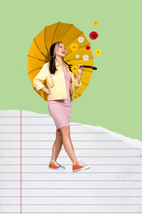 Creative image collage of young lady hold parasol walk on green background with paper sheets flowers
