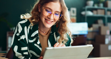 Happy, online shop and woman in logistics with tablet for package tracking, dropshipping or courier...