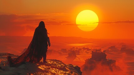 Obraz premium Wanderer in a desolate wasteland under a blazing sun at dusk