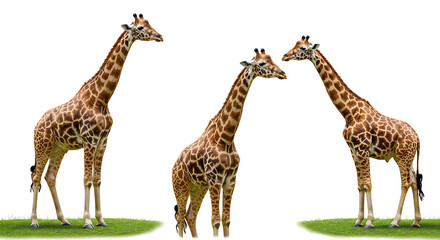 Obraz premium giraffes, wildlife, giraffe family, tranquil moment, spotted coat, isolatedTranqu giraffes sharing a graceful family moment, their distinctive spotted coat highlighted against an isolated white back