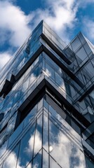 Obraz premium Modern glass skyscraper corner reflecting clouds on a sunny day