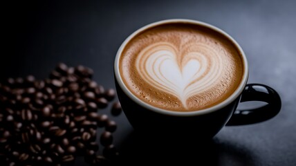 Heart-Shaped Latte Art in Cappuccino with Coffee Beans