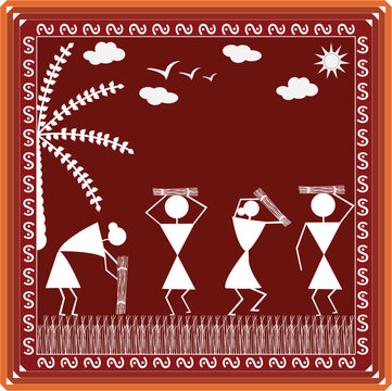 Indian Tribal Art rural work farmers working in farm