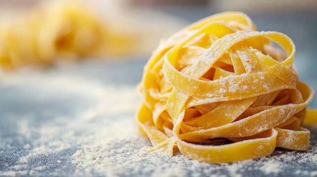 Fresh pasta sprinkled with flour on a wooden surface, great for cooking topics, recipes and food advertising.
