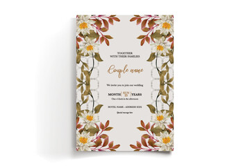 WEDDING INVITATION FRAME WITH FLOWER DECORATIONS AND FRESH LEAVES