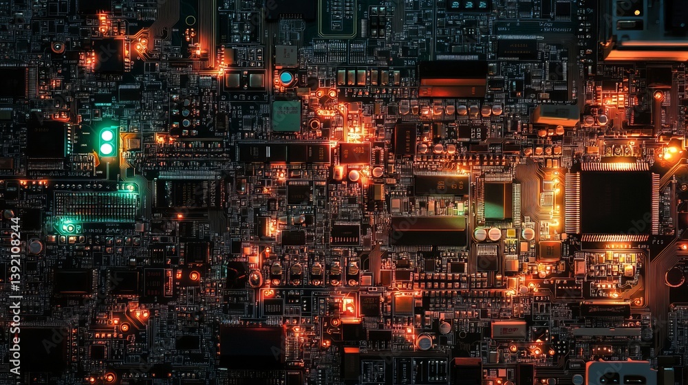 Aufkleber detailed view of a complex circuit board with glowing components and intricate connections