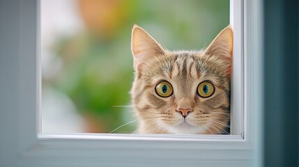 Shot through the window: a cat looks inside the kitchen 