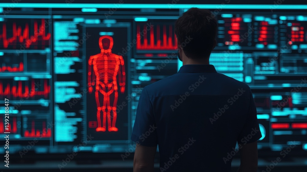 Poster data analysis event featuring human anatomy insights high-tech lab digital interface futuristic view